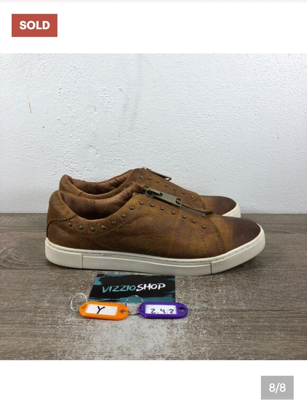 Frye Brown Low-Top Leather Sneakers with Stud & Side Zip